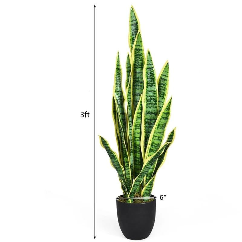 SUGIFT 35.5 Inch Artificial Snake Plant, Faux Sansevieria Greenery in Cement Pot, Fake Plant for Indoor Outdoor Home Office Decor, Green + Yellow,