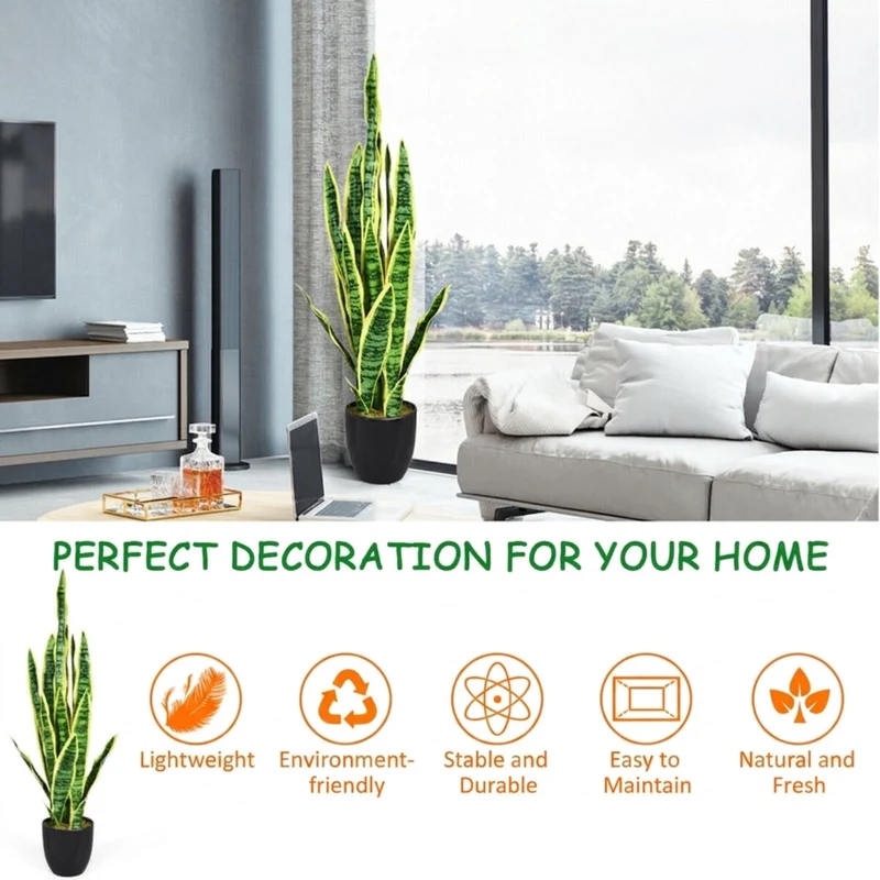 SUGIFT 35.5 Inch Artificial Snake Plant, Faux Sansevieria Greenery in Cement Pot, Fake Plant for Indoor Outdoor Home Office Decor, Green + Yellow,