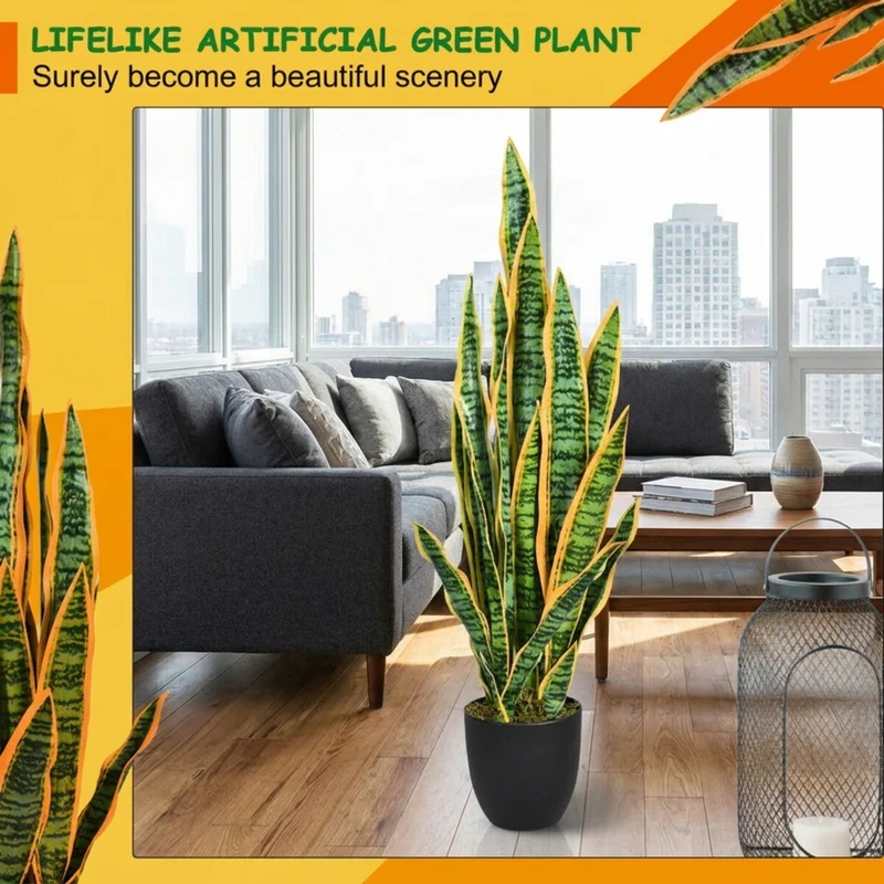 SUGIFT 35.5 Inch Artificial Snake Plant, Faux Sansevieria Greenery in Cement Pot, Fake Plant for Indoor Outdoor Home Office Decor, Green + Yellow,