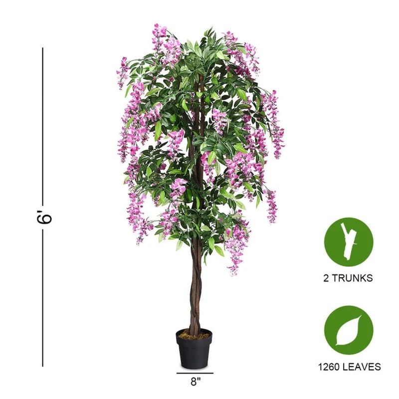 SUGIFT 6 FT Artificial Wisteria Tree, Faux Tree with 1260 Silk Leaves and 2 Trunks for Indoor Outdoor Home Porch Entryway Decor with Pot, Green