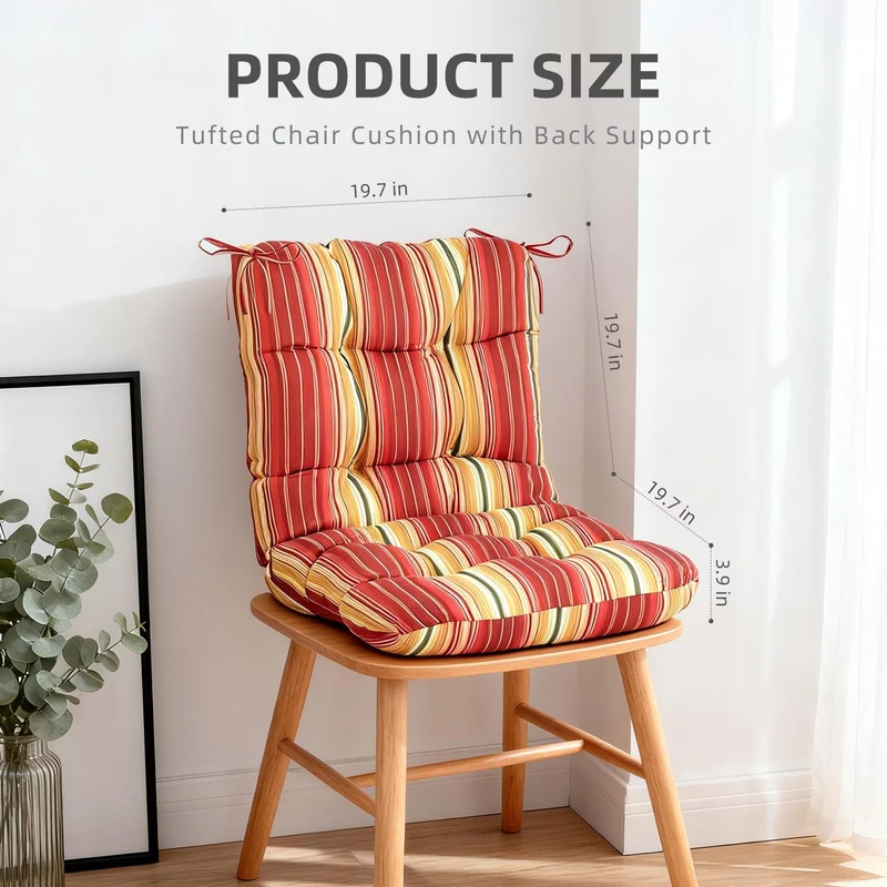 SUGIFT Tufted High Back Chair Cushion with Ties, Weather-Resistant Stripe Seat Pad, 19.7 x 39.4 in