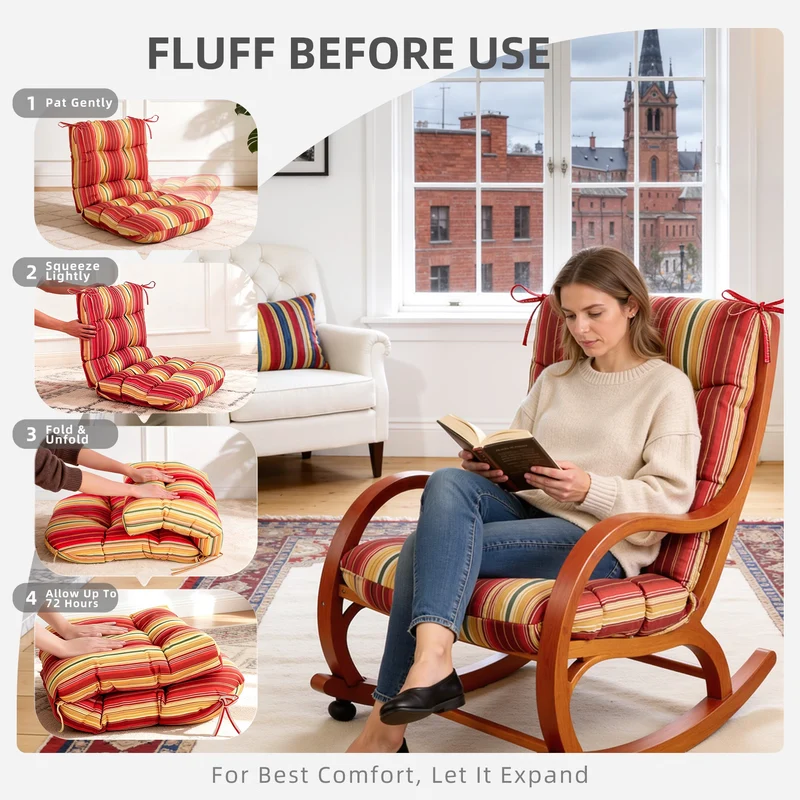 SUGIFT Tufted High Back Chair Cushion with Ties, Weather-Resistant Stripe Seat Pad, 19.7 x 39.4 in