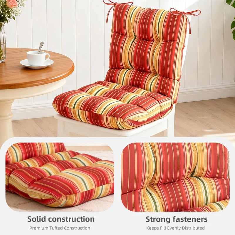 SUGIFT Tufted High Back Chair Cushion with Ties, Weather-Resistant Stripe Seat Pad, 19.7 x 39.4 in