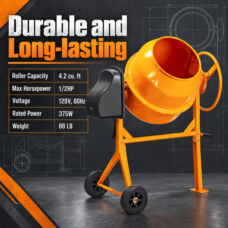 SUGIFT 4.2 Cu Ft Portable Electric Concrete Cement Mixer with Wheels and Stand