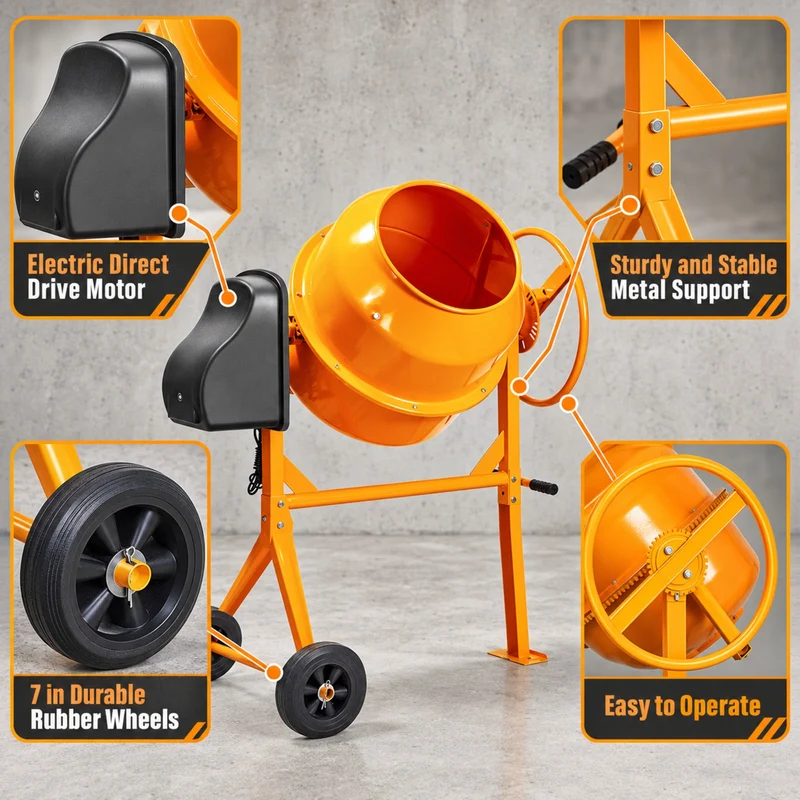 SUGIFT 4.2 Cu Ft Portable Electric Concrete Cement Mixer with Wheels and Stand