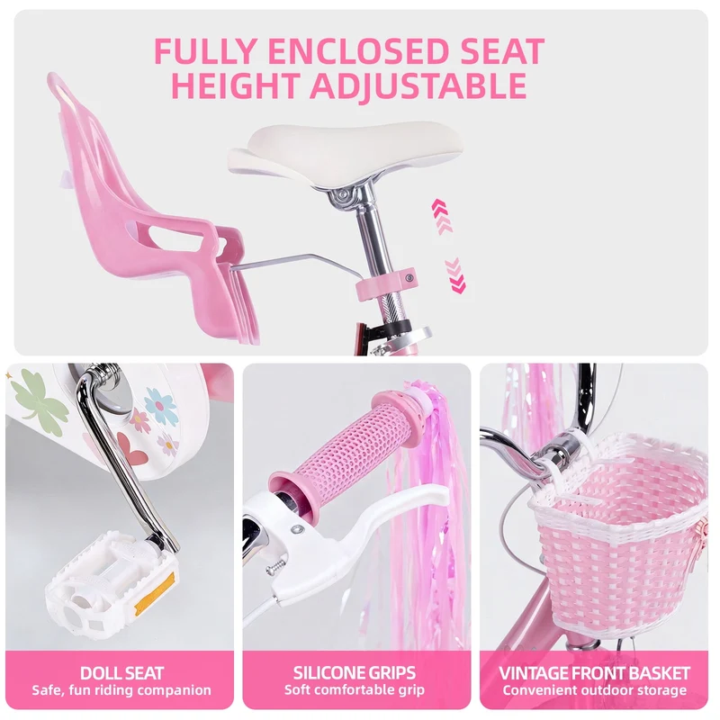 SUGIFT 20 Inch Girls Bike for 6-13 Years Old Kids, Kids Bicycle with Basket and Doll Seat, Pink