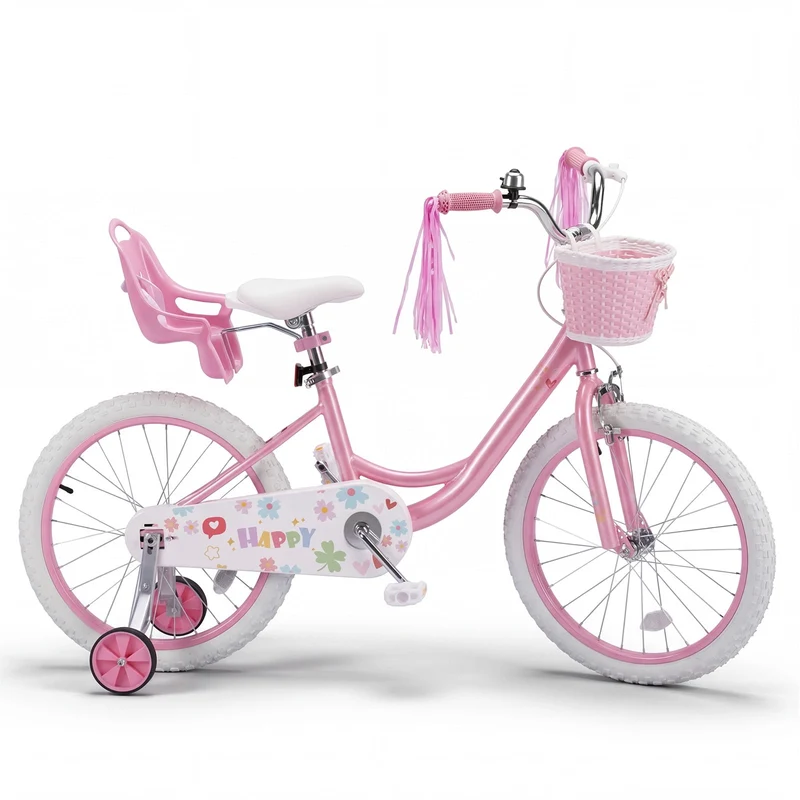 SUGIFT 18 Inch Girls Bike for 5-8 Years Old Kids, Kids Bicycle with Training Wheels, Basket and Doll Seat, Pink