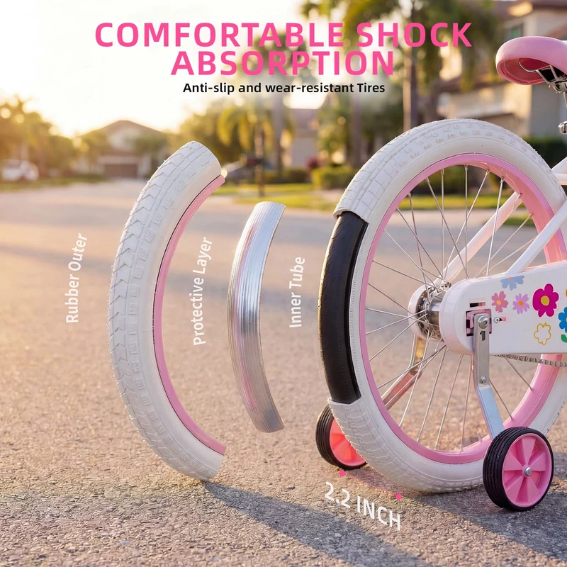SUGIFT 18 Inch Girls Bike for 5-8 Years Old Kids, Kids Bicycle with Training Wheels, Basket and Doll Seat, Pink