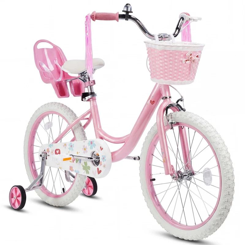 SUGIFT 16 Inch Girls Bike for 2-8 Years Old Kids, Kids Bicycle with Training Wheels, Basket and Doll Seat, Pink