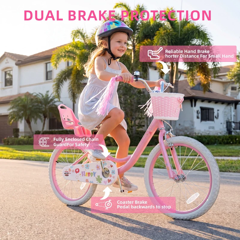 SUGIFT 16 Inch Girls Bike for 2-8 Years Old Kids, Kids Bicycle with Training Wheels, Basket and Doll Seat, Pink