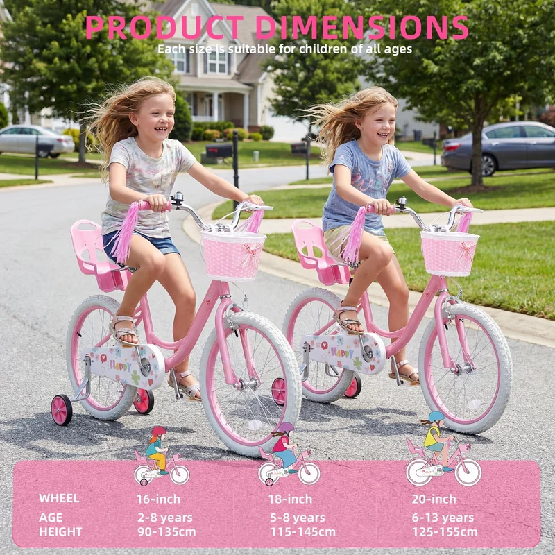 SUGIFT 16 Inch Girls Bike for 2-8 Years Old Kids, Kids Bicycle with Training Wheels, Basket and Doll Seat, Pink