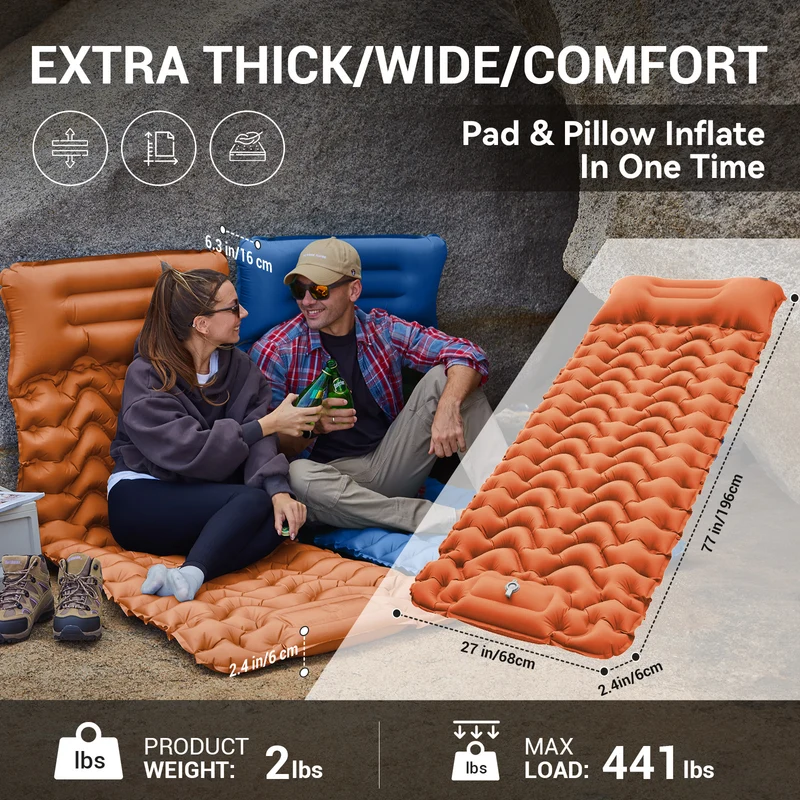 Inflatable Sleeping Pad with Pillow & Built-in Pump
