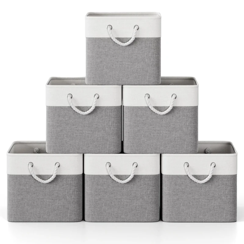 SUGIFT 6-Pack Woven Storage Baskets and Fabric Cube Storage Organizer with Cotton Rope Handles for Nursery and Shelves, Gray