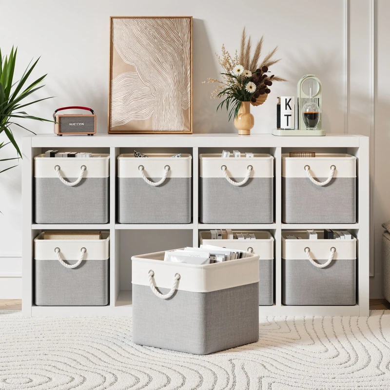SUGIFT 6-Pack Woven Storage Baskets and Fabric Cube Storage Organizer with Cotton Rope Handles for Nursery and Shelves, Gray