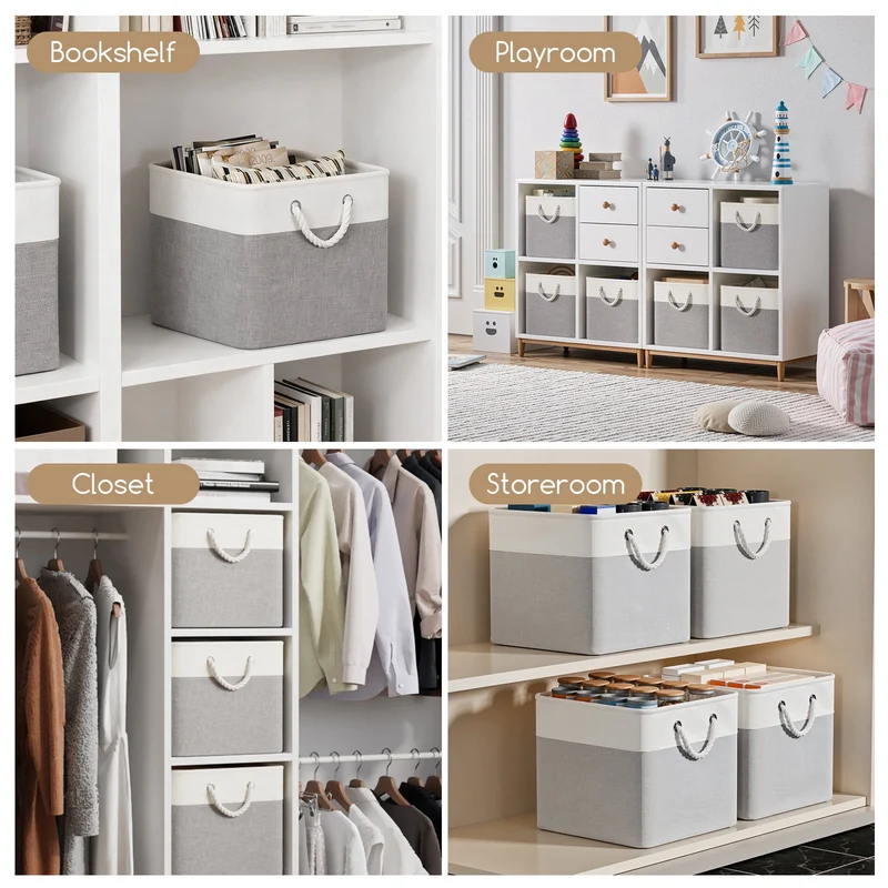 SUGIFT 6-Pack Woven Storage Baskets and Fabric Cube Storage Organizer with Cotton Rope Handles for Nursery and Shelves, Gray
