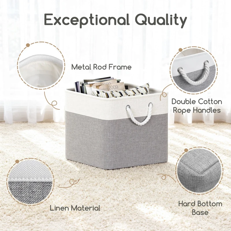 SUGIFT 6-Pack Woven Storage Baskets and Fabric Cube Storage Organizer with Cotton Rope Handles for Nursery and Shelves, Gray