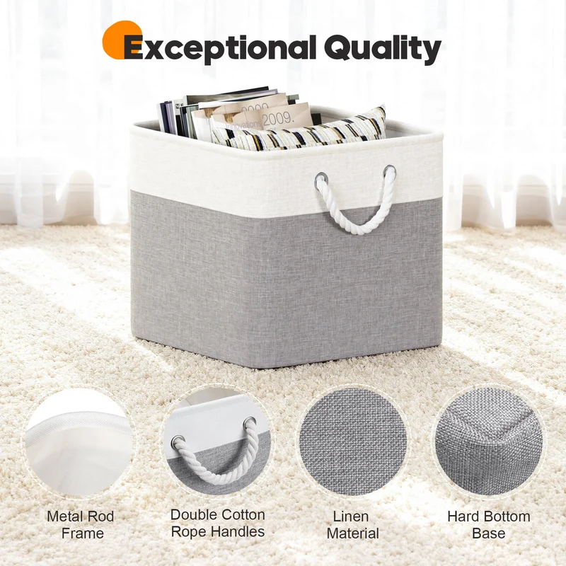 SUGIFT 6-Pack Woven Storage Baskets and Fabric Cube Storage Organizer with Cotton Rope Handles for Nursery and Shelves, Gray