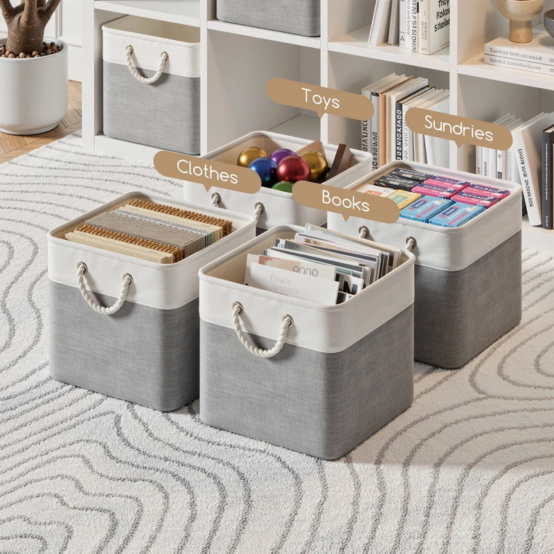 SUGIFT 6-Pack Woven Storage Baskets and Fabric Cube Storage Organizer with Cotton Rope Handles for Nursery and Shelves, Gray