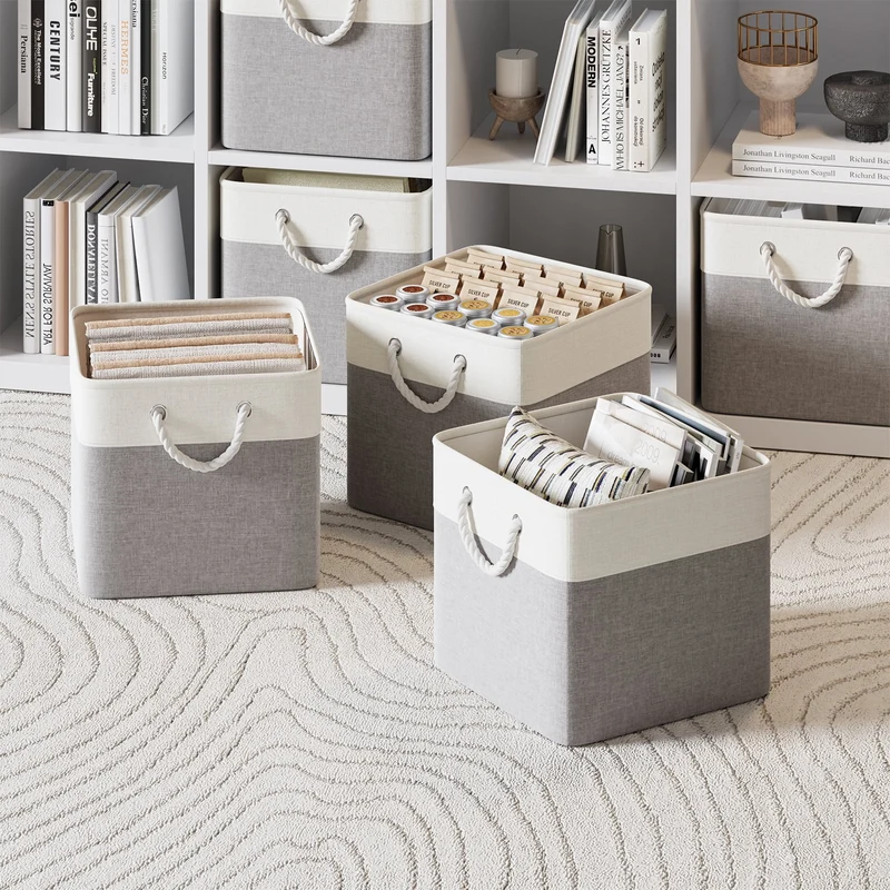 SUGIFT 6-Pack Woven Storage Baskets and Fabric Cube Storage Organizer with Cotton Rope Handles for Nursery and Shelves, Gray