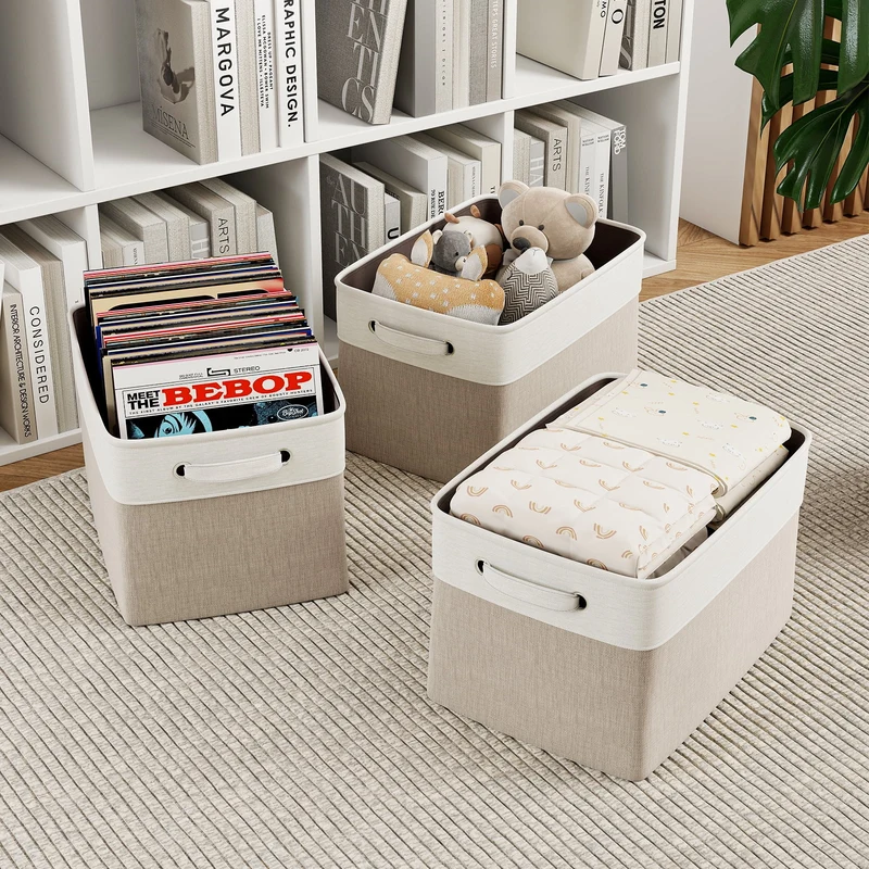 SUGIFT 4-Pack Fabric Storage Baskets and Foldable Storage Bins with Carry Handles for Nursery Shelves and Toys, Gray
