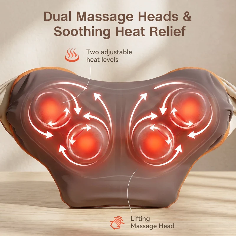 SUGIFT Cordless Shiatsu Neck and Shoulder Massager with Heat and Kneading Nodes for Home Office and Car Pain Relief, Gray