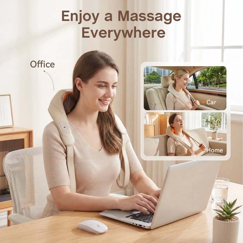 SUGIFT Cordless Shiatsu Neck and Shoulder Massager with Heat and Kneading Nodes for Home Office and Car Pain Relief, Gray