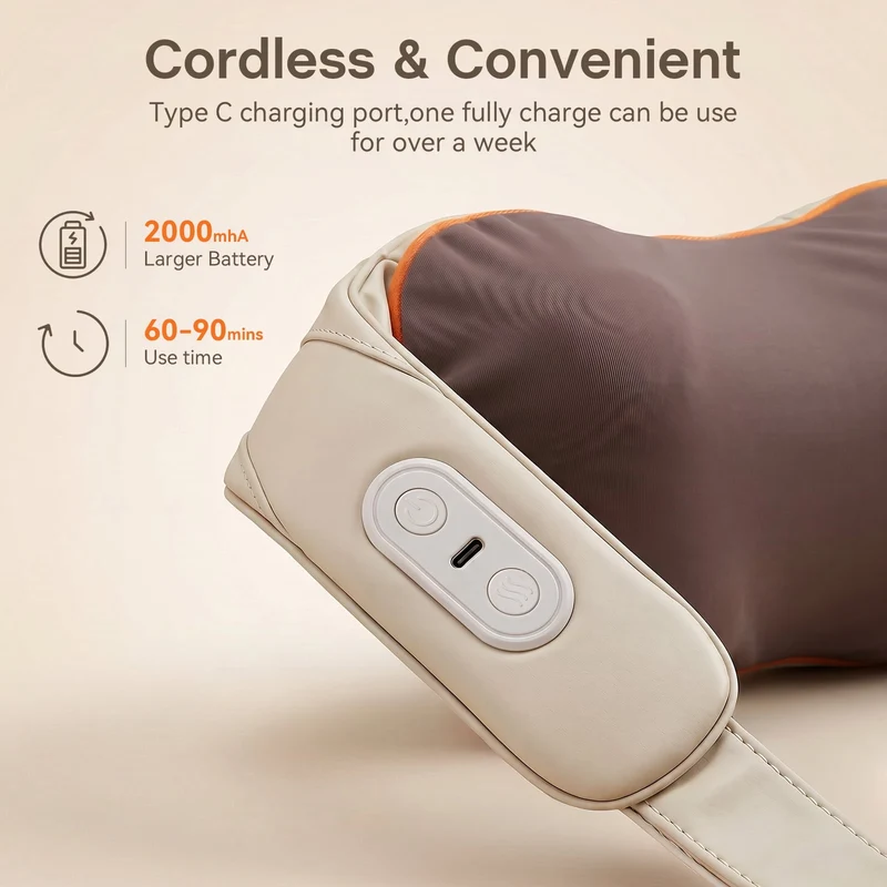 SUGIFT Cordless Shiatsu Neck and Shoulder Massager with Heat and Kneading Nodes for Home Office and Car Pain Relief, Gray