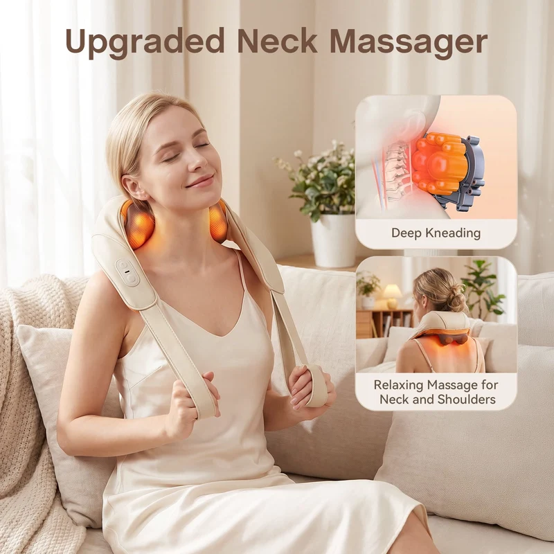 SUGIFT Cordless Shiatsu Neck and Shoulder Massager with Heat and Kneading Nodes for Home Office and Car Pain Relief, Gray