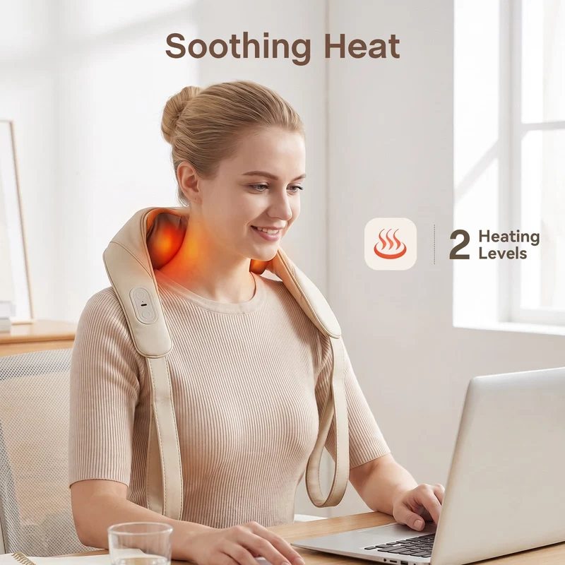 SUGIFT Cordless Shiatsu Neck and Shoulder Massager with Heat and Kneading Nodes for Home Office and Car Pain Relief, Gray