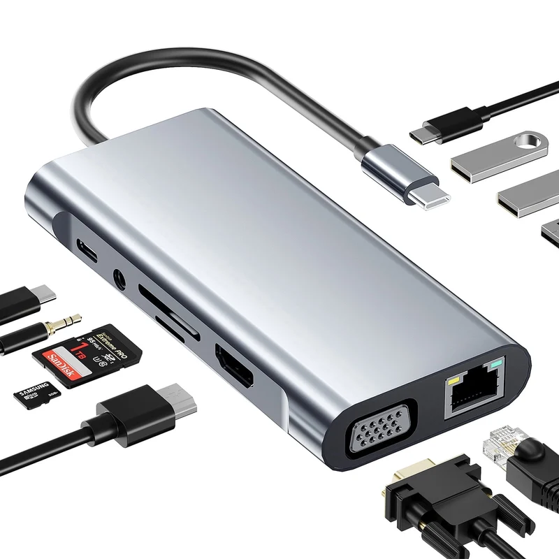 SUGIFT 11-in-1 USB C Hub Docking Station with 4K HDMI and SD Card Reader for Laptop and Tablet, Gray