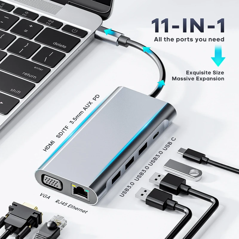 SUGIFT 11-in-1 USB C Hub Docking Station with 4K HDMI and SD Card Reader for Laptop and Tablet, Gray