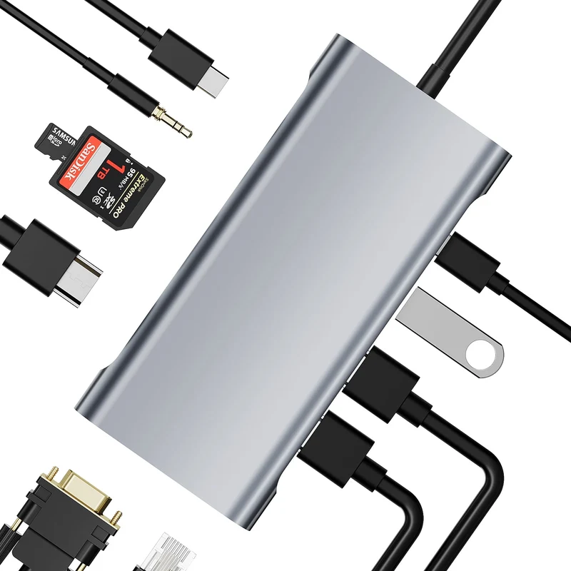 SUGIFT 11-in-1 USB C Hub Docking Station with 4K HDMI and SD Card Reader for Laptop and Tablet, Gray