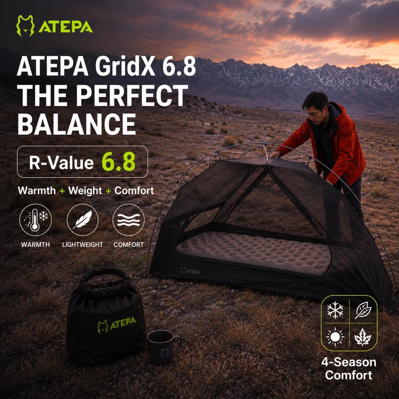 ATEPA GridX 6.8 Ultralight Insulated Sleeping Pad – R‑Value 6.8, 4‑Season to Winter Camping Mat