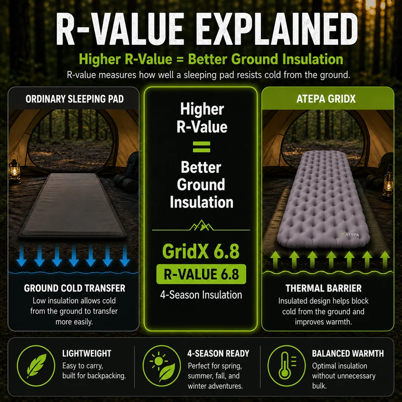 ATEPA GridX 6.8 Ultralight Insulated Sleeping Pad – R‑Value 6.8, 4‑Season to Winter Camping Mat