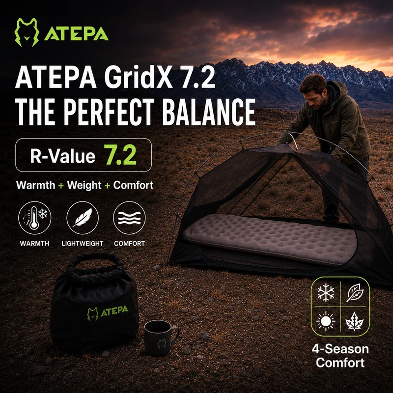 ATEPA GridX 7.2 Ultralight Insulated Sleeping Pad – R‑Value 7.2, 4‑Season Winter & Backpacking Mat
