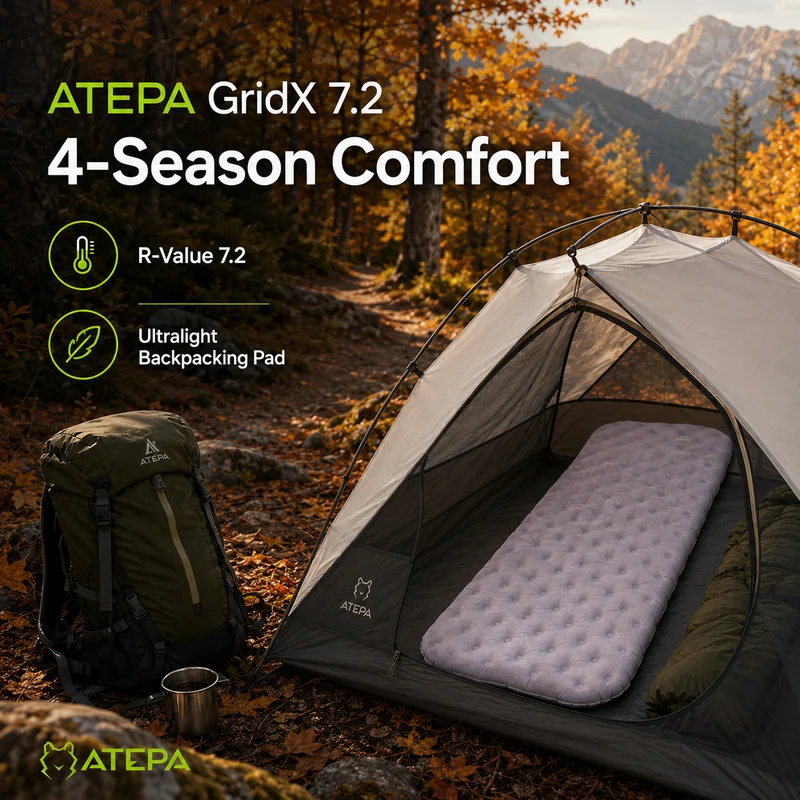 ATEPA GridX 7.2 Ultralight Insulated Sleeping Pad – R‑Value 7.2, 4‑Season Winter & Backpacking Mat