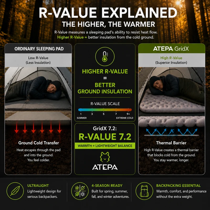 ATEPA GridX 7.2 Ultralight Insulated Sleeping Pad – R‑Value 7.2, 4‑Season Winter & Backpacking Mat