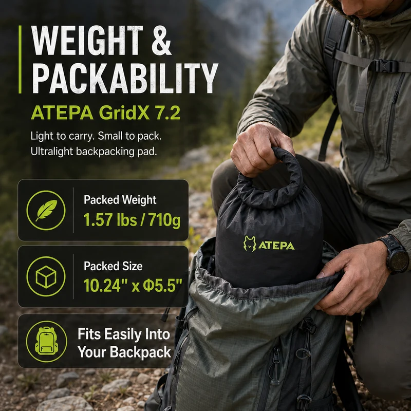 ATEPA GridX 7.2 Ultralight Insulated Sleeping Pad – R‑Value 7.2, 4‑Season Winter & Backpacking Mat