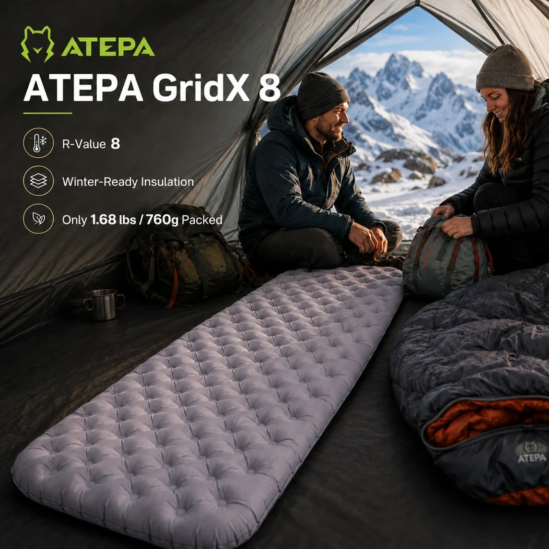 ATEPA GridX 8 Ultralight Insulated Sleeping Pad – R‑Value 8, 4‑Season Mat for Winter & Backpacking