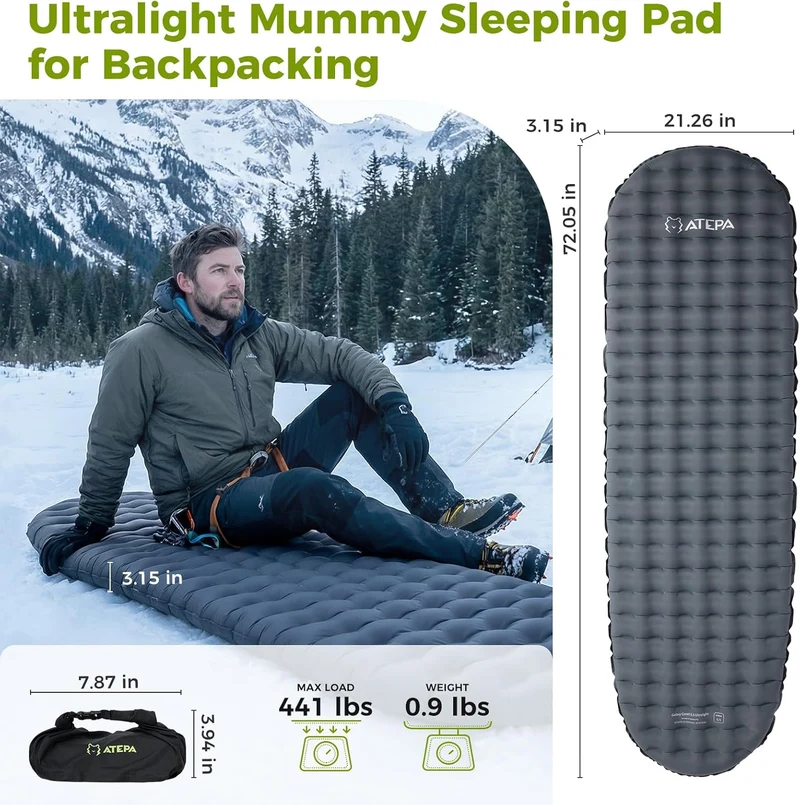 ATEPA Ultralight Mummy Sleeping Pad – R-Value 4.4, 3.15" Thick Inflatable Mat for Backpacking
