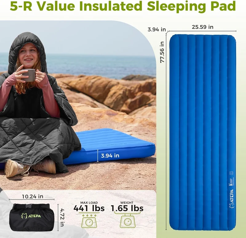 ATEPA EdgeX 5 Ultralight Sleeping Pad – R-Value 5.0, Insulated Inflatable Pad for 3-Season & Winter Backpacking