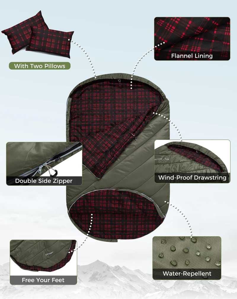 KingCamp FREESPACE 250D Double-Sized Sleeping Bag with 2 Pillows