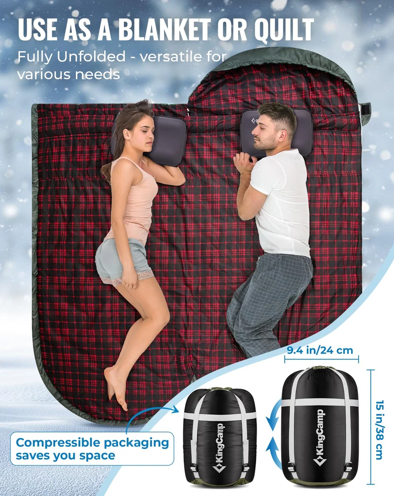 KingCamp FREESPACE Series Sleeping Bags – Roomy Single & Double Camping Bag Olive