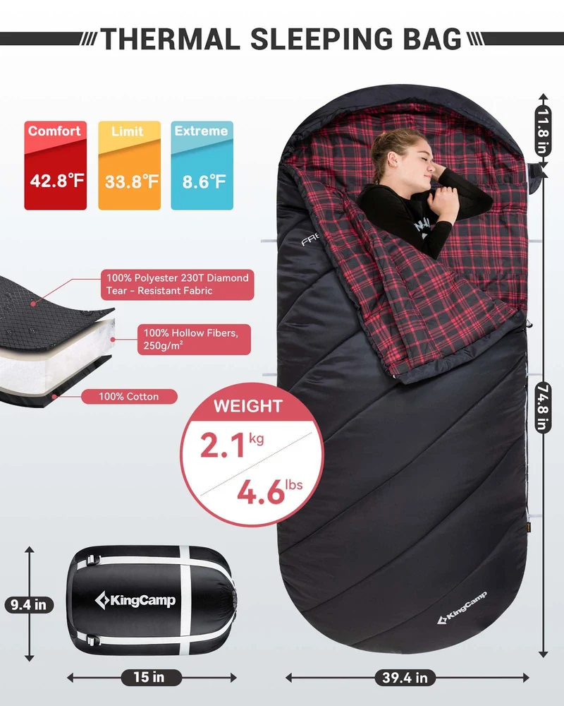 KingCamp FREESPACE Series Sleeping Bags – Roomy Single & Double Camping Bag Black