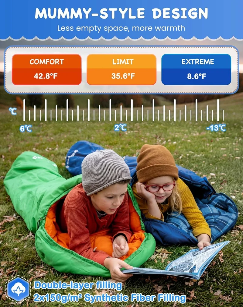 KingCamp Kids Mummy Sleeping Bag - 3-Season Warm & Snug Fit for Camping, Ages 8-12 (up to 4'7" Tall)