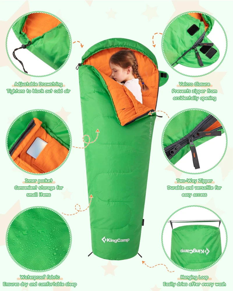 KingCamp Kids Mummy Sleeping Bag - 3-Season Warm & Snug Fit for Camping, Ages 8-12 (up to 4'7" Tall)