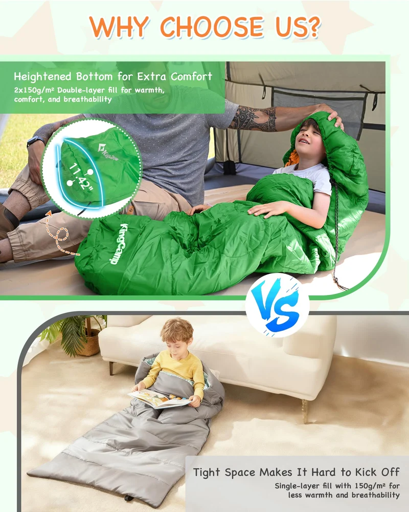 KingCamp Kids Mummy Sleeping Bag - 3-Season Warm & Snug Fit for Camping, Ages 8-12 (up to 4'7" Tall)