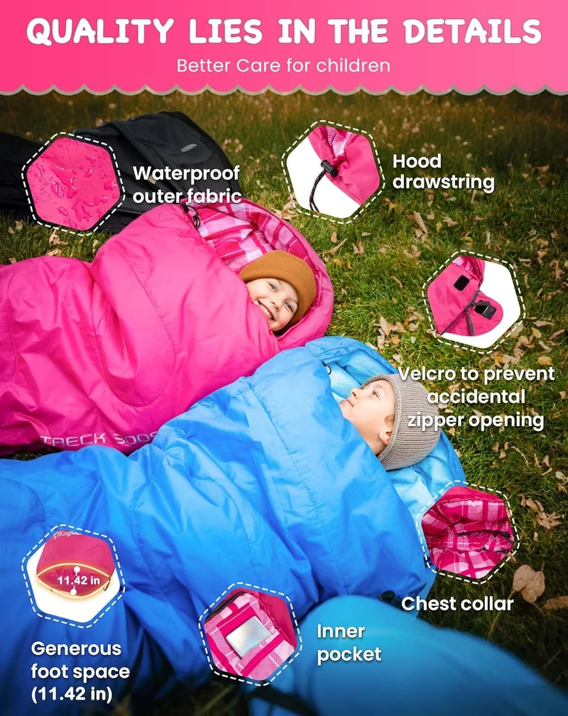 KingCamp Kids Mummy Sleeping Bag - 3-Season Warm & Snug Fit for Camping, Ages 8-12 (up to 4'7" Tall)