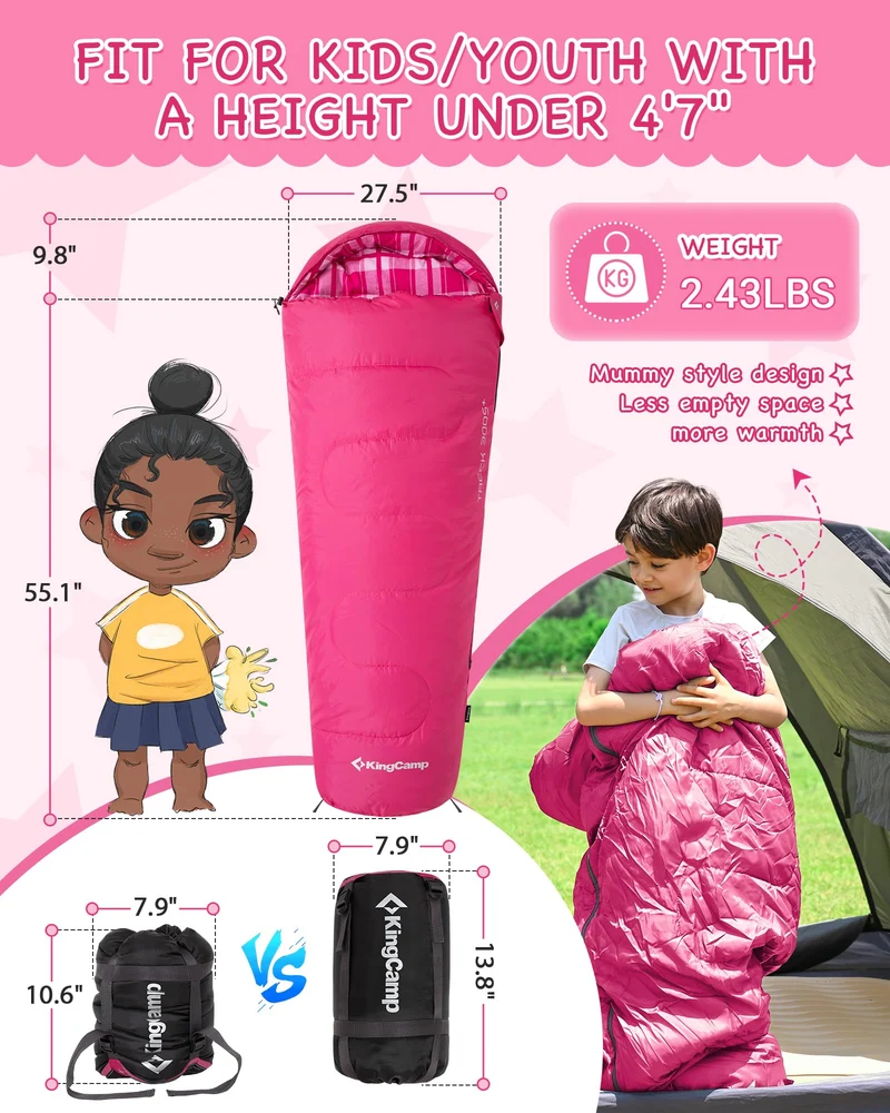 KingCamp Kids Mummy Sleeping Bag - 3-Season Warm & Snug Fit for Camping, Ages 8-12 (up to 4'7" Tall)