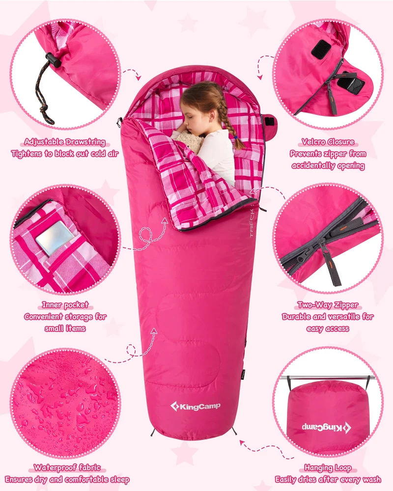 KingCamp Kids Mummy Sleeping Bag - 3-Season Warm & Snug Fit for Camping, Ages 8-12 (up to 4'7" Tall)